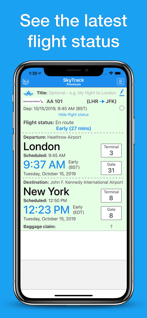Pantalla del smartphone que muestra el estado detallado del vuelo y la información de llegada en tiempo real para un vuelo entre Londres y Nueva York