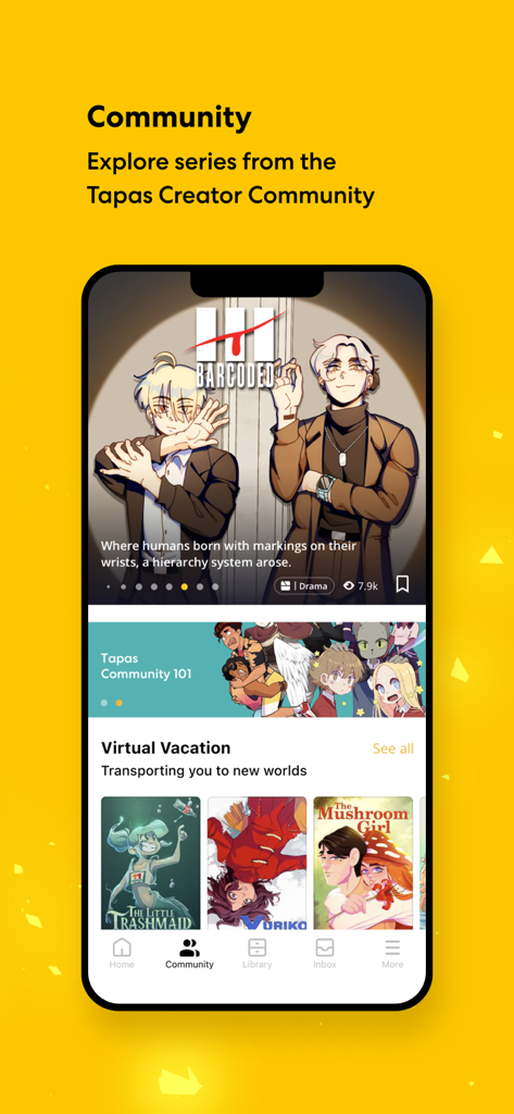 Tapas – Comics and Novels - A smartphone screen displaying the Tapas app community section with various webcomic titles like Barcoded and The Little Trashmaid.