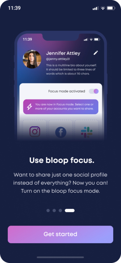 Bloop - Connect & Share - Interfaz de la aplicación Bloop mostrando la función de modo de enfoque para compartir un único perfil social