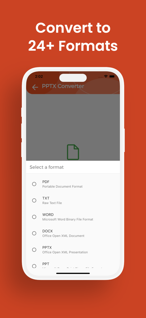 PPTX Converter, PPTX to PDF - Tela do aplicativo Conversor PPTX mostrando várias opções de formato de saída, incluindo PDF e Word