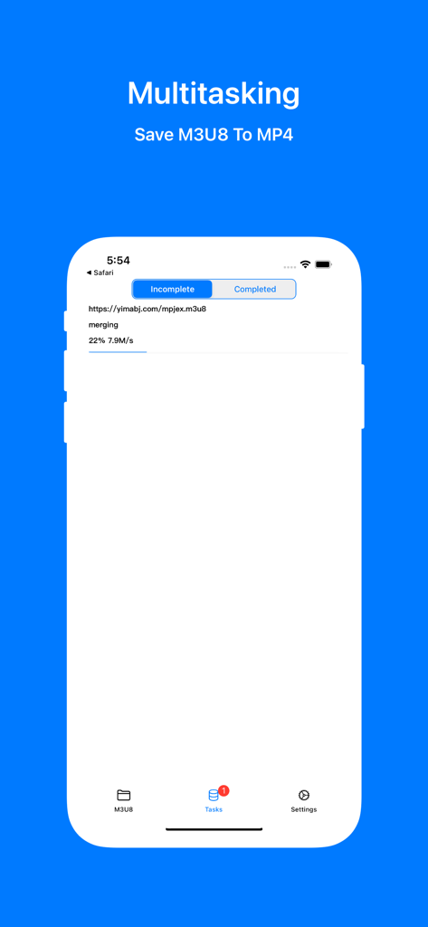 M3U8 Mpjex - M3U8 Mpjex app interface showing a video conversion task from M3U8 to MP4 with a progress bar