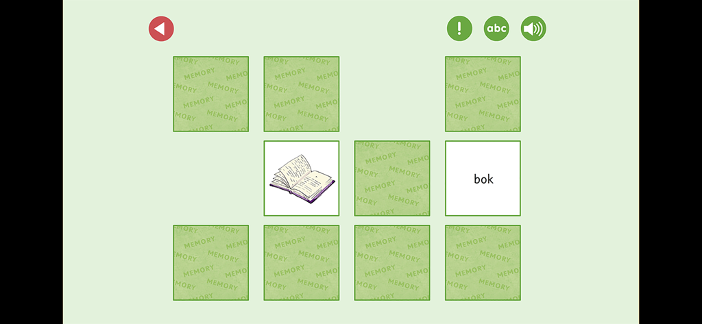 ABC-klubben: ABC-memo - Una interfaz de juego de memoria emparejando una ilustración de un libro con la palabra sueca 'bok'