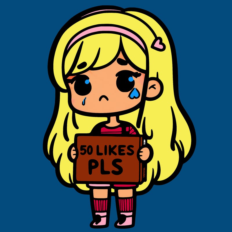 sad girl holding up sign says '50 likes pls'