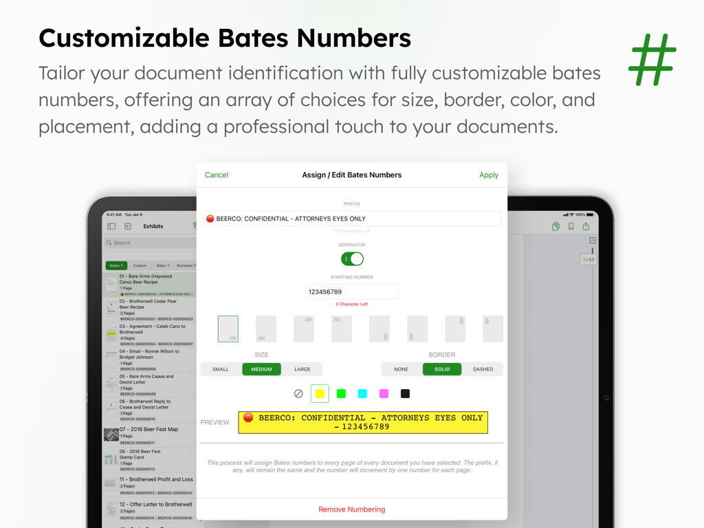 Oberfläche zeigt anpassbare Bates-Nummern zur Identifizierung von Rechtsdokumenten in DocReviewPad.