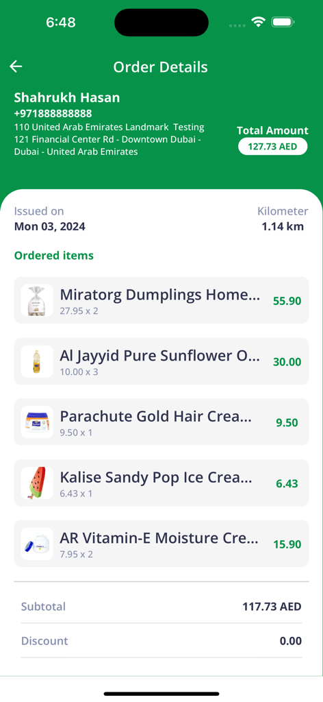 West Zone - Grocery Shopping - Mobile app screen showing order details for a grocery purchase in Dubai with list of items and total amount
