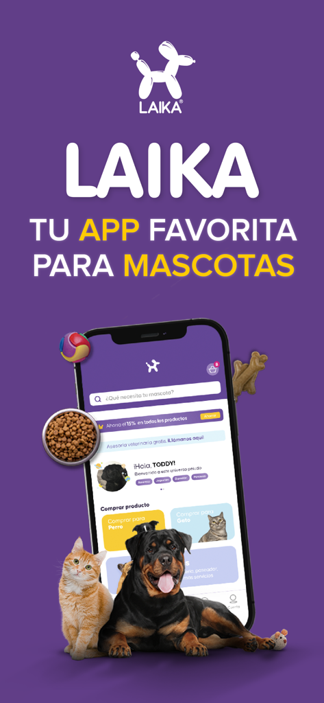 Laika pet store mobile app interface with a dog and cat