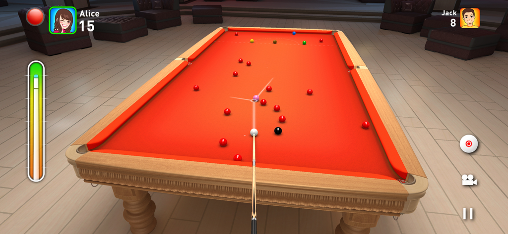 Jugabilidad de Real Snooker 3D mostrando un partido entre dos jugadores en una mesa roja