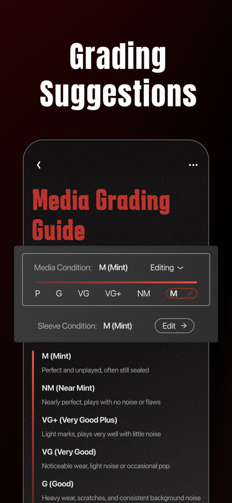 VinylSnap app interface showing a guide for grading record media condition from Mint to Good.
