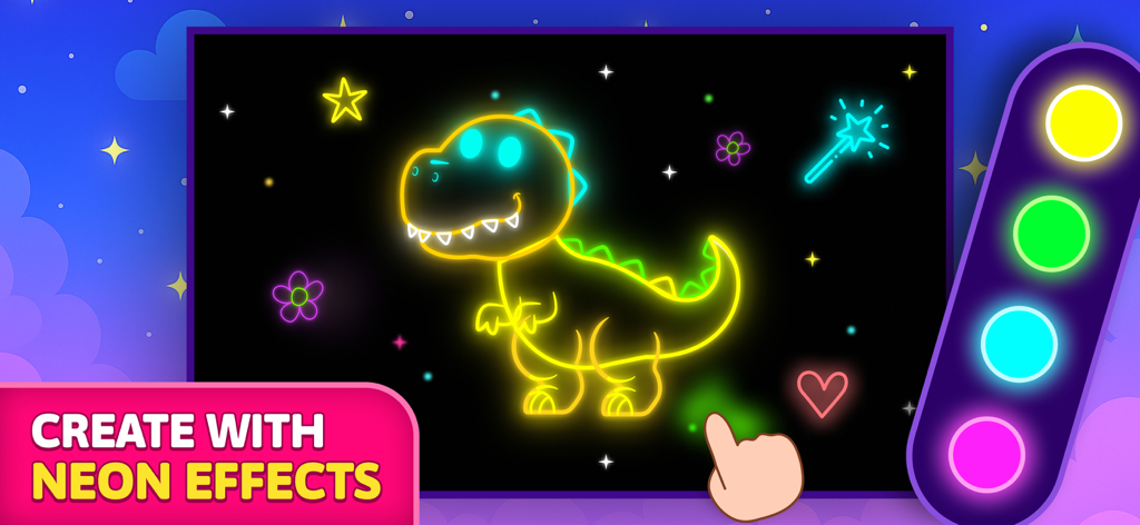 Kids Drawing Games: Color,Draw - A neon glowing dinosaur drawing on a digital canvas with colorful neon paint options