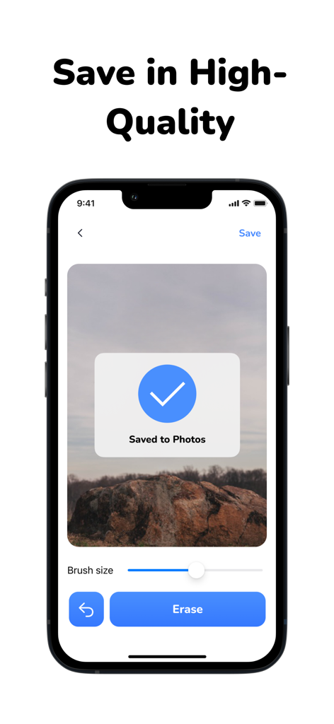Object Remover - Photo Eraser - Smartphone screen showing a photo saved confirmation in the Object Remover app