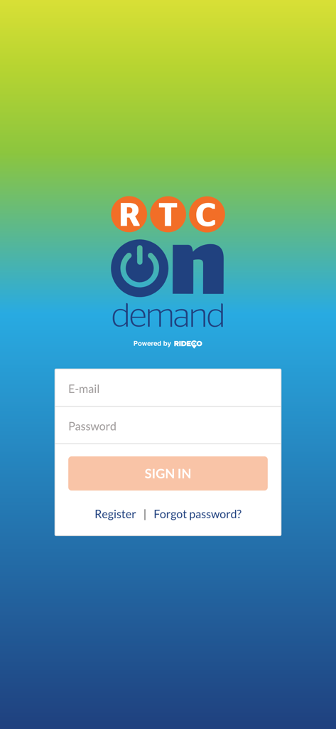 RTC-OnDemand mobile app login screen with email and password fields