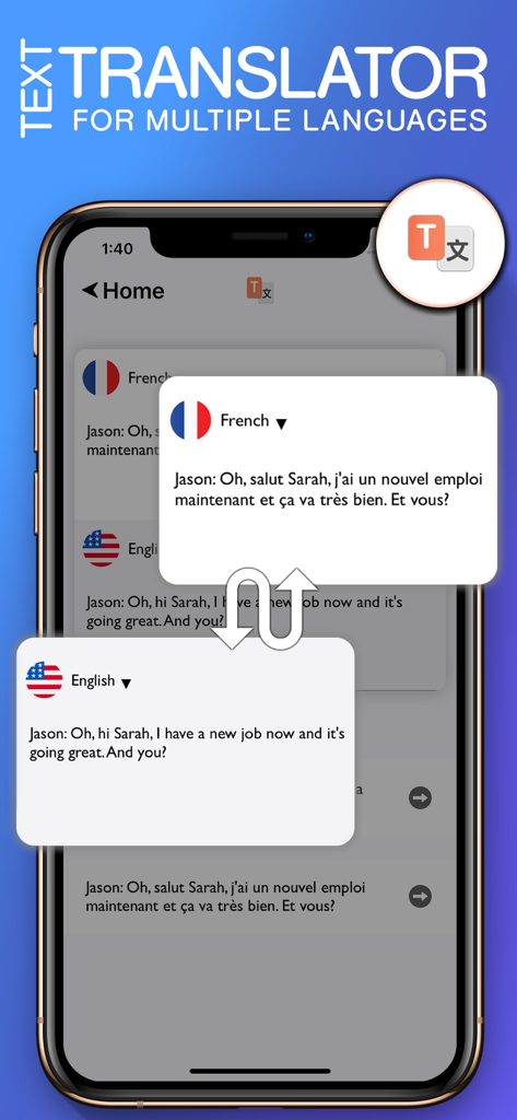 Schermata dello smartphone che mostra una traduzione di testo dal francese all'inglese all'interno dell'app Voice Translator
