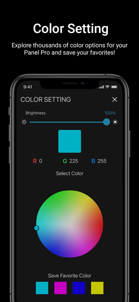 Lumecube - Interfaz de la aplicación Lumecube para selección de color RGB y control de brillo