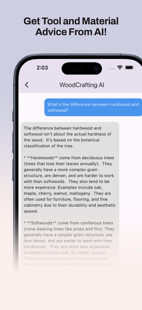 TimberTinker - Smartphone screen displaying TimberTinker AI assistant answering a question about hardwood and softwood differences