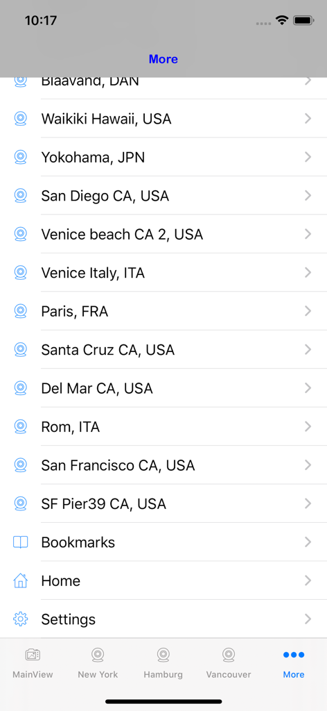 Webcam World Viewer - List of worldwide webcam locations and navigation menu in the Webcam World Viewer app.