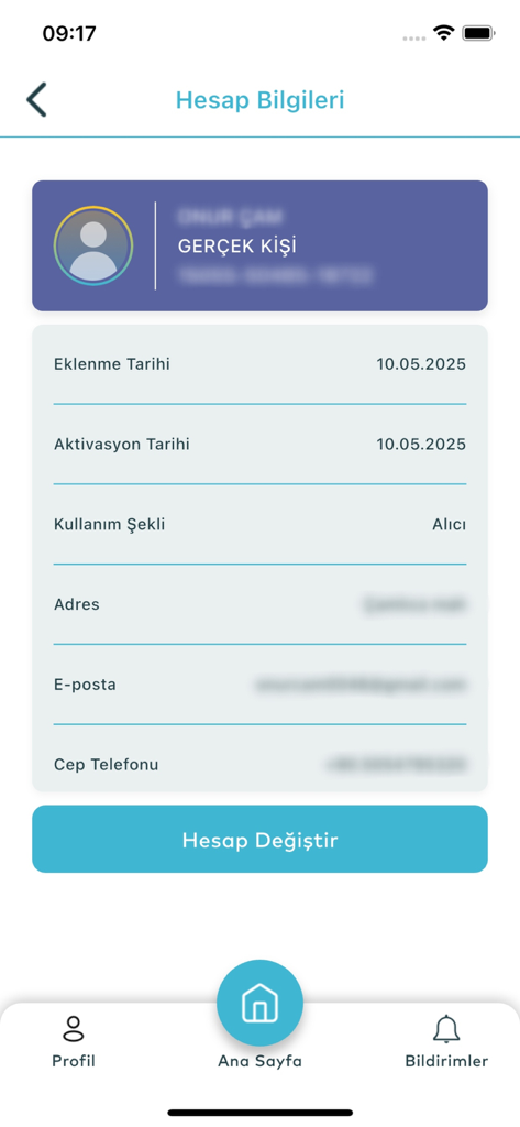 UETS PTT - Account information screen in the UETS PTT mobile app displaying user profile and contact details