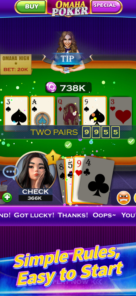 Omaha Poker™- Unlimited Play - A mobile screen showing Omaha Poker gameplay with a four-card hand and two pairs on the table.