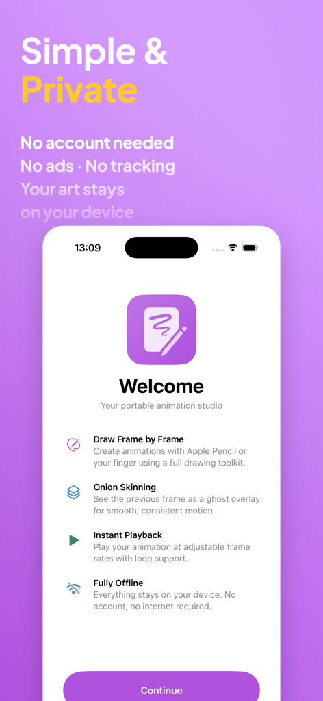 Flipbook - Animation Studio - Flipbook Animation Studioのウェルカムスクリーン。フレーム・バイ・フレーム描画、オニオンスキン、プライバシー機能を強調