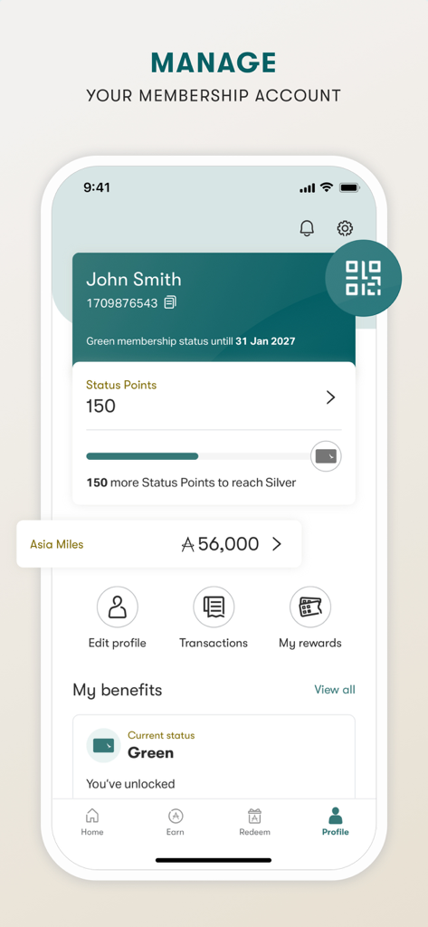 Asia Miles - Asia Miles app profile screen displaying membership status and account balance
