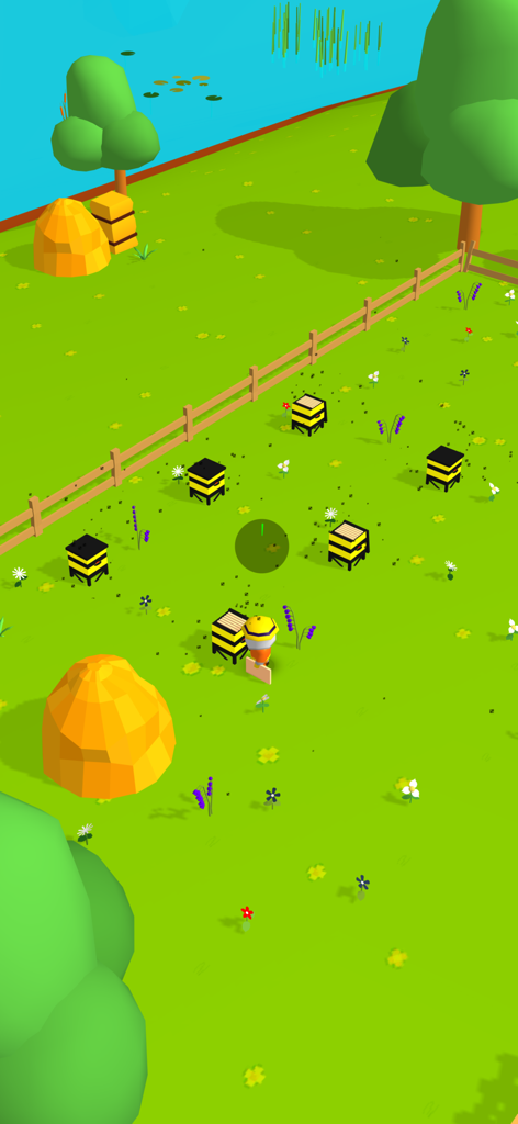 A farmer character managing multiple beehives in a vibrant low-poly green field
