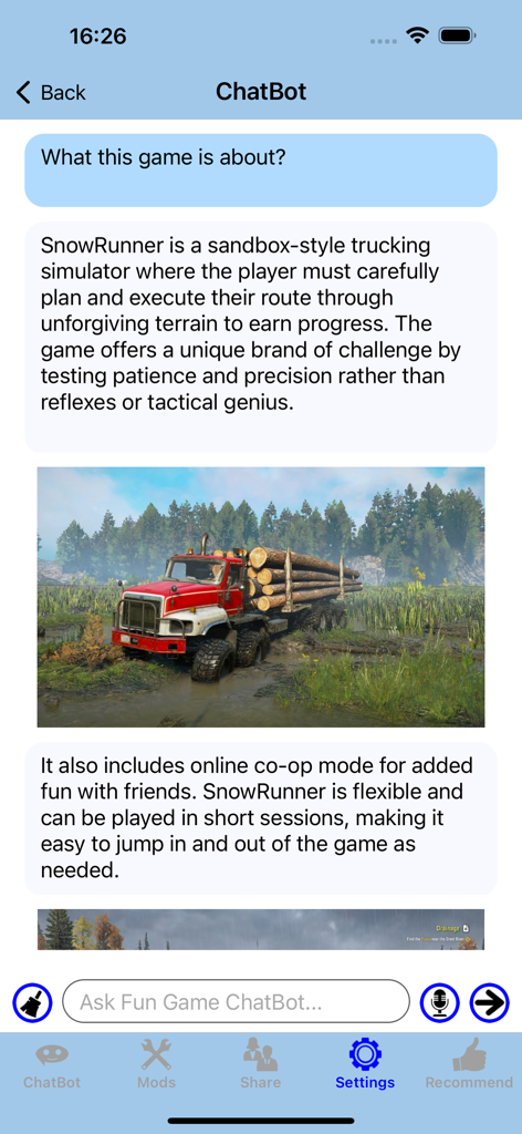 SnowR - DLC Cheat Mods Map(SR) - Interfaz del chatbot de la aplicación móvil SnowRunner explicando las características del juego con una imagen de un camión maderero.