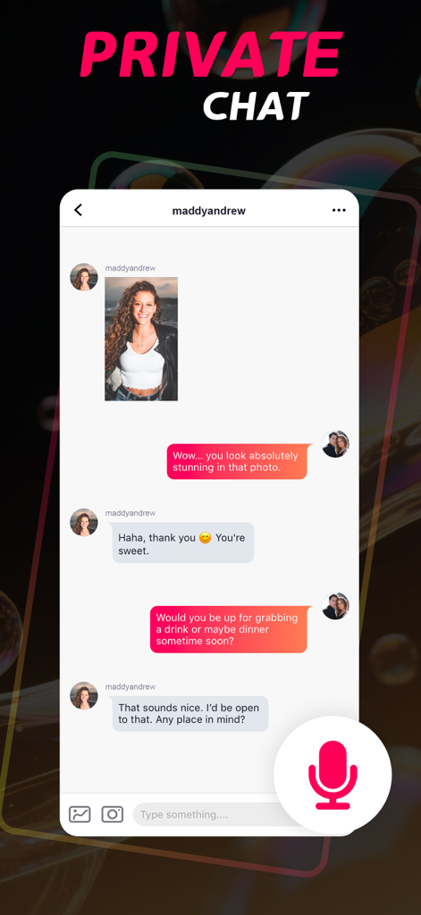 3Somer: Couple, Singles Dating - Private chat screen in the 3Somer dating app showing a messaging thread and a voice recording button