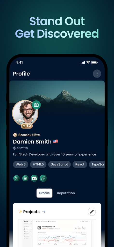 Bondex: Web3 jobs & community - Un profilo professionale sull'app Bondex che mostra uno sviluppatore con competenze Web3 e status Elite.