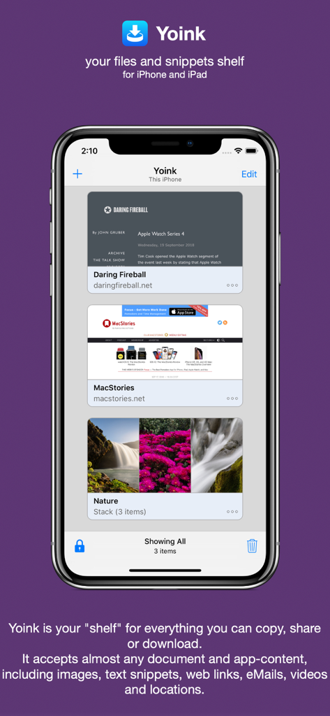iPhone上のYoinkアプリインターフェース。生産性シェルフに保存されたウェブリンクと自然の画像スタックが表示されています。
