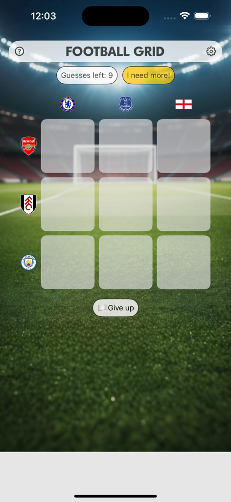 Football Grid - Captura de pantalla del juego Football Grid mostrando una cuadrícula de trivia de tres por tres con logotipos de clubes de fútbol ingleses y la bandera de Inglaterra