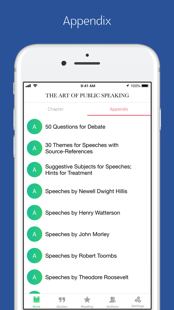 Appendix list in the Art of Public Speaking Pro app displaying famous speeches and debate resources