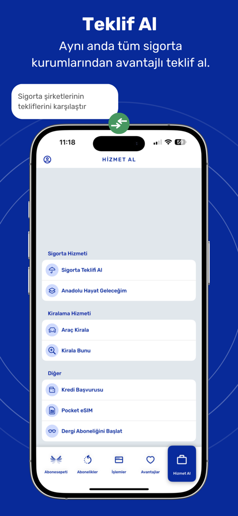 Abonesepeti Abonelik Yönetimi - Abonesepeti app screen displaying insurance quotes and rental service options