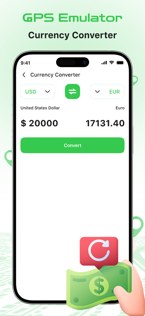 Interfaz del convertidor de divisas en la aplicación GPS Emulator que muestra la conversión de USD a EUR