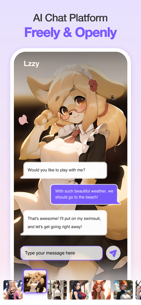 AI chat interface showing a roleplay conversation with an anime character named Lzzy
