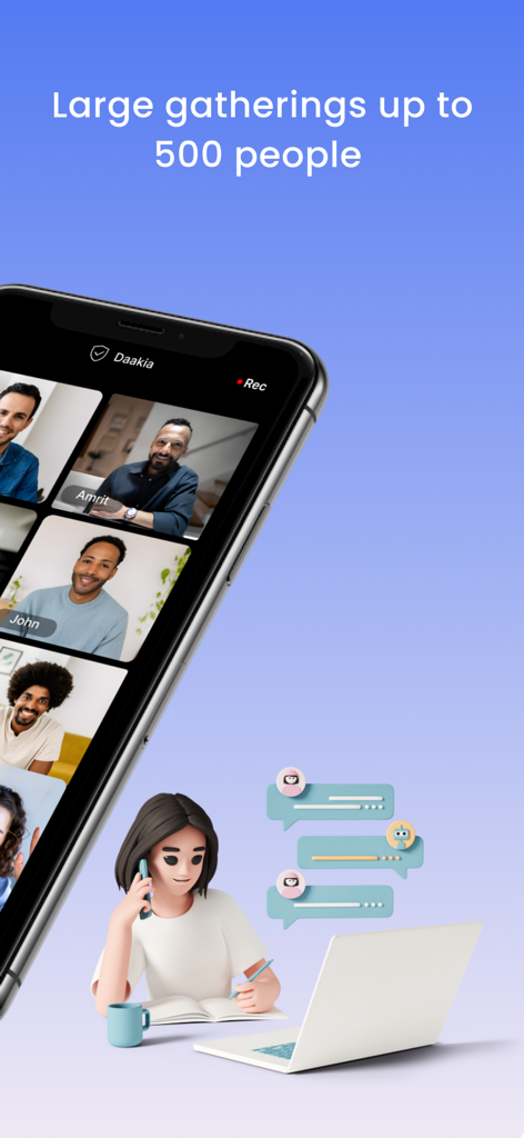 Daakia: Meetings & Webinar - A smartphone displaying a Daakia video conference with multiple participants, highlighting a feature for large gatherings of up to 500 people.