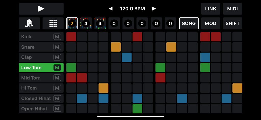 OCTACHRON app showing a colorful 16 track MIDI drum sequencer grid with step sequencing and playback controls
