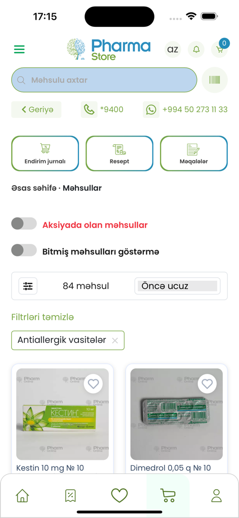 PharmOnline app interface showing anti-allergic medication listings and search features.