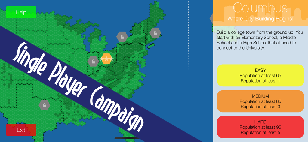 SUBURBIA City Building Game - Single player campaign screen showing a USA map and city building objectives for the Columbus level