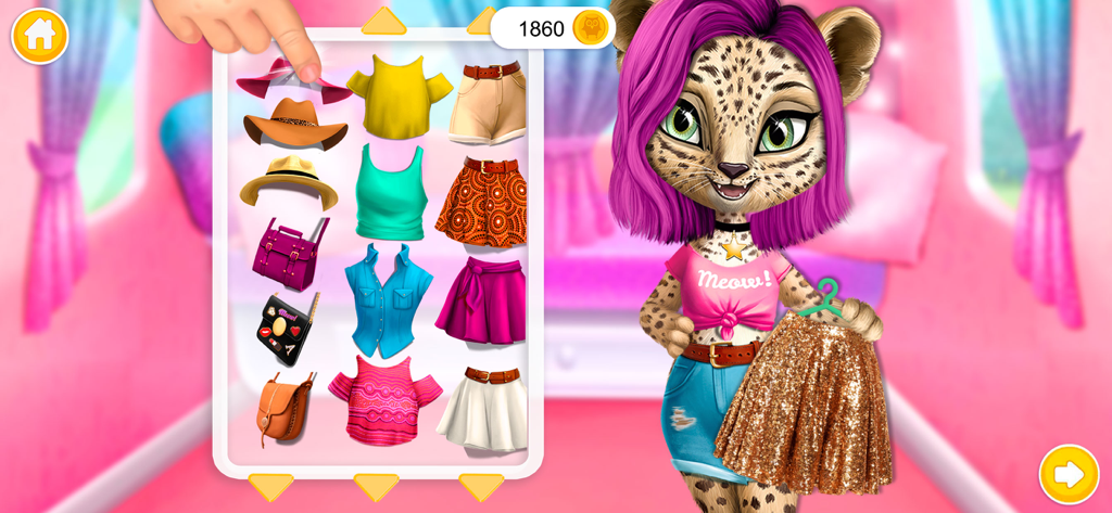 Leopard character Amy chooses a sparkly gold skirt in a fashion dress up game