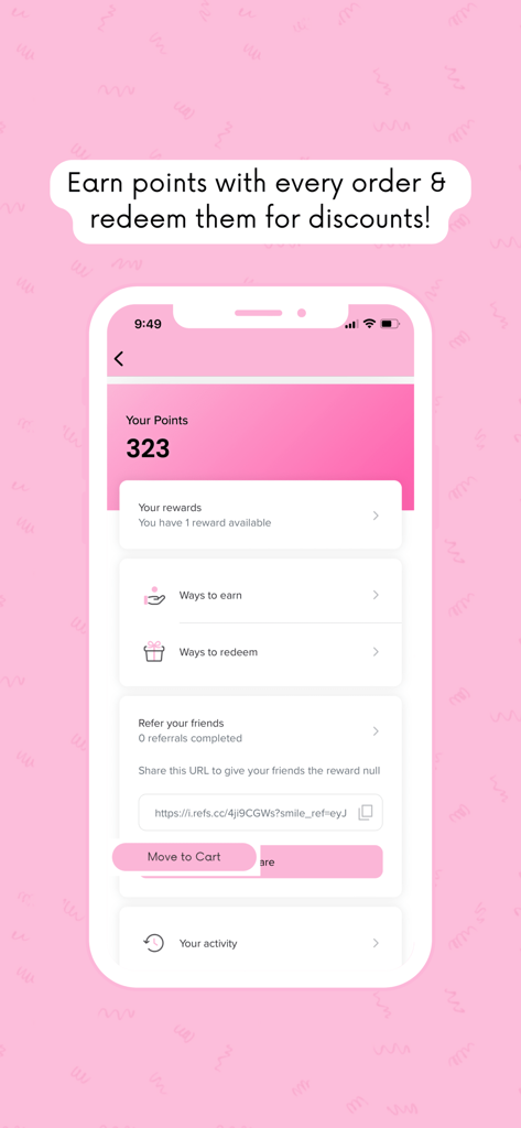 Shop Curls - Shop Curls mobile app interface showing a loyalty rewards dashboard with points balance and referral link.