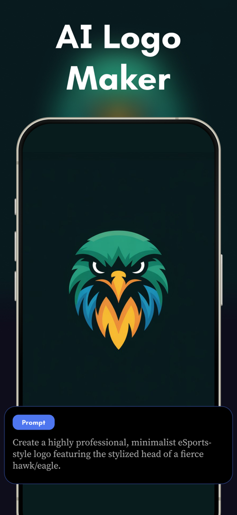 AI Logo Design - Brand Maker - Interfaccia dell'app AI Logo Maker che mostra un logo mascotte di falco feroce generato da un prompt