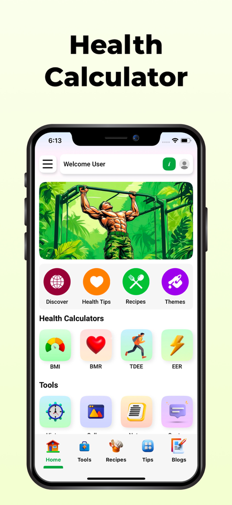 BMI-Calculator Weight App - Pantalla de inicio de la app Calculadora de IMC que muestra iconos de calculadoras de salud para IMC, TMB y TDEE