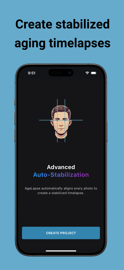 AgeLapse - AgeLapse app screen showing advanced auto stabilization for face time lapse videos