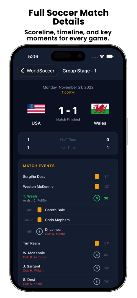 Screenshot of the WorldSoccer 26 app showing a detailed match timeline with goals, cards, and substitutions for a USA vs Wales soccer game.