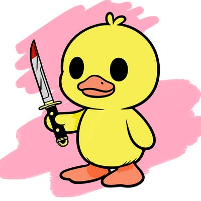 plushie duck standing up holding kinfe