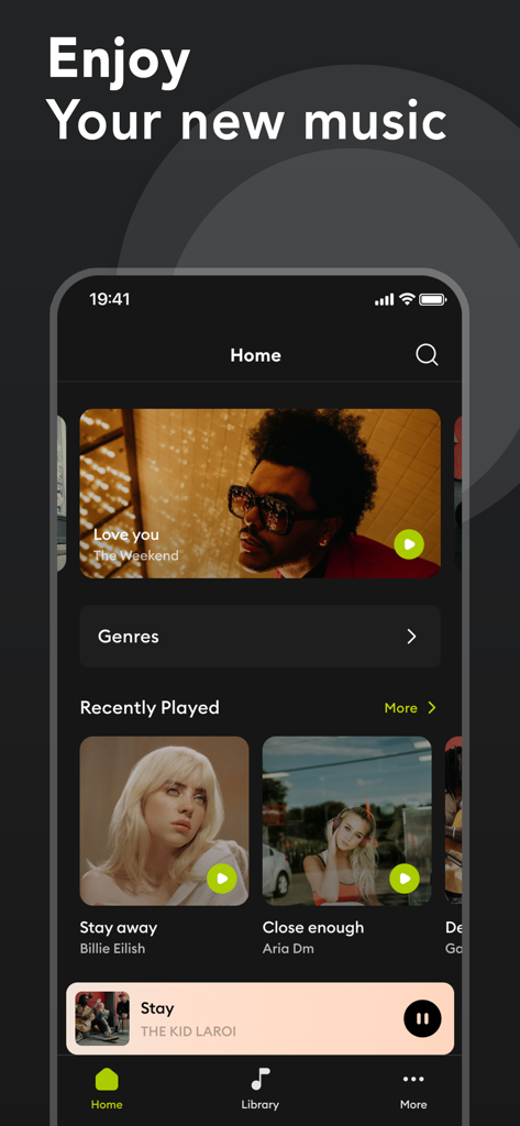 Home screen of Music Unlimited Songs app featuring trending tracks and recently played music