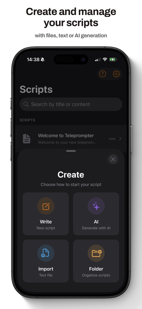 Teleprompter app interface showing script creation options including AI generation manual writing and file import