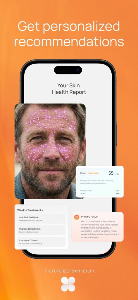 Bloom Skin - AI Skin Scanner - Teléfono inteligente mostrando un informe de salud de la piel con IA y recomendaciones de tratamiento personalizadas para un usuario.