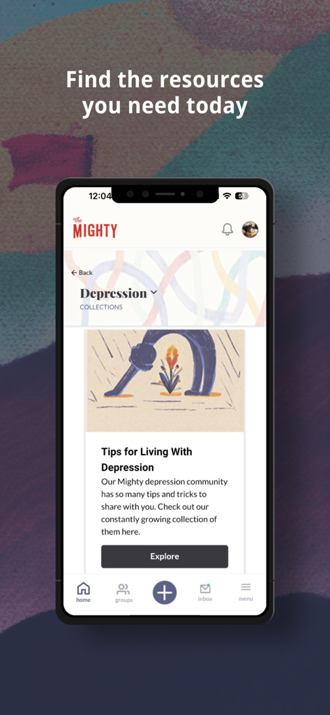The Mighty app interface showing tips for living with depression resources.