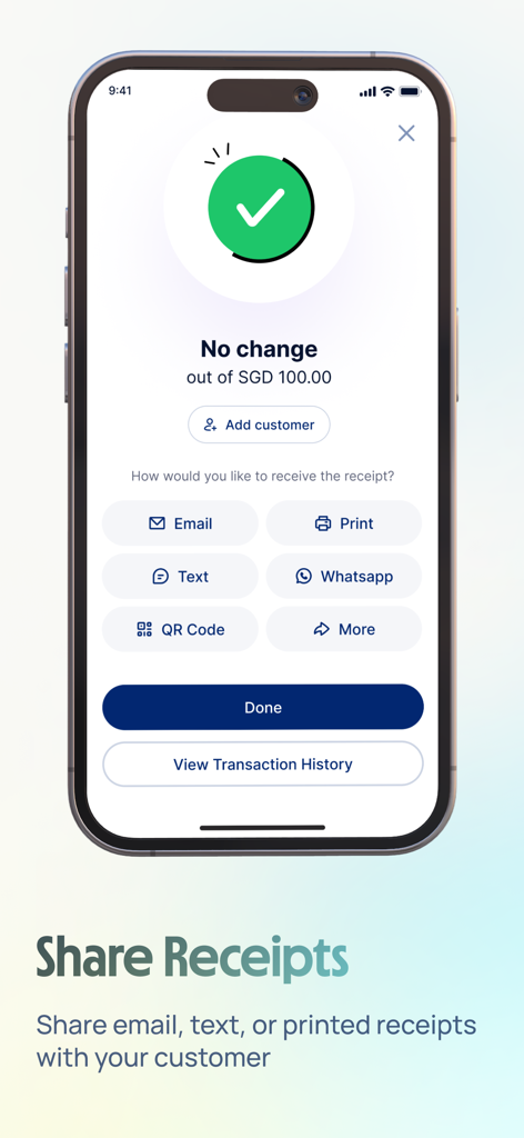 HitPay - 成功した決済後のメール、テキスト、WhatsApp経由のデジタル領収書共有オプションを表示するHitPayアプリ画面