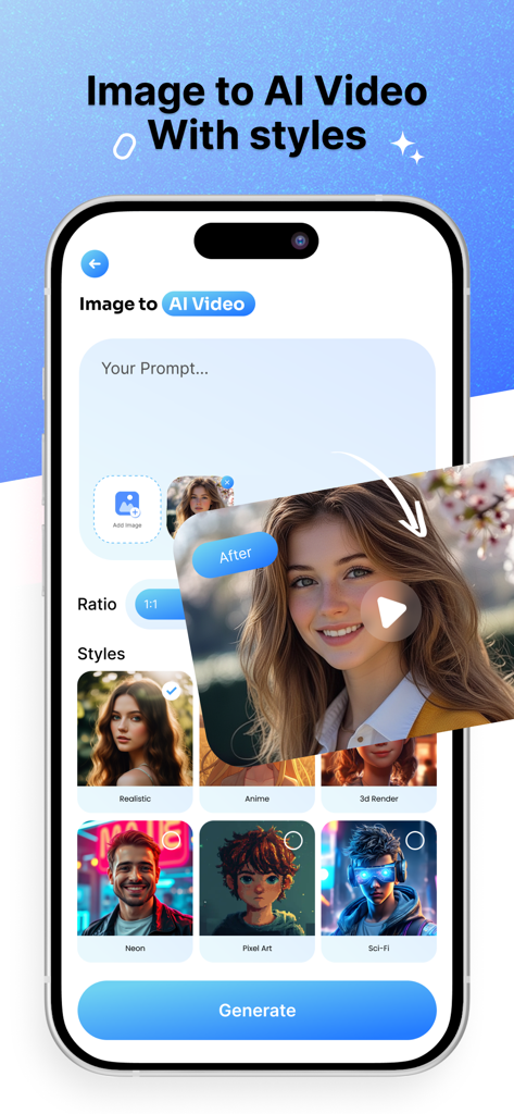 Interface of Open Camera app showing image to AI video conversion options with different artistic styles.